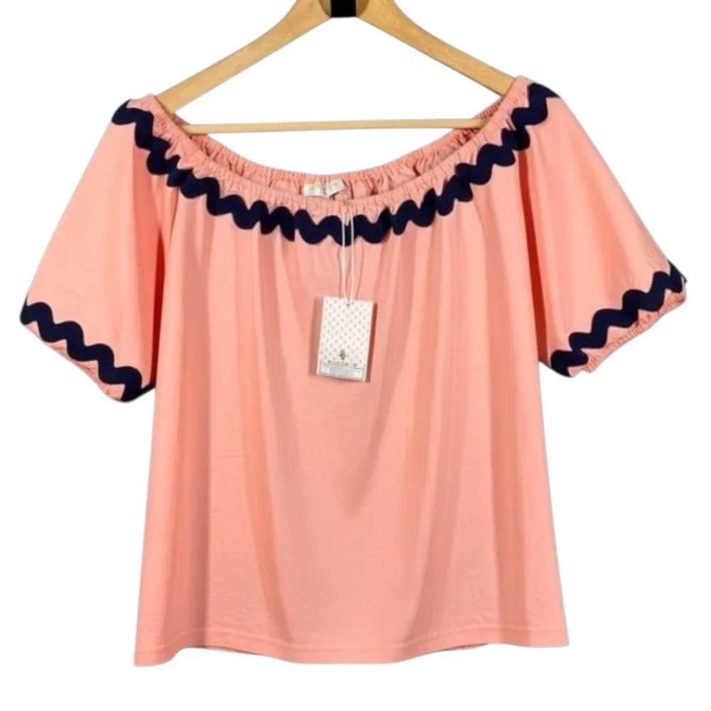 Smith & Quinn Top Womens Small Pink Navy Ric Rac Off Shoulder New Cotton Blouse - Picture 2 of 13